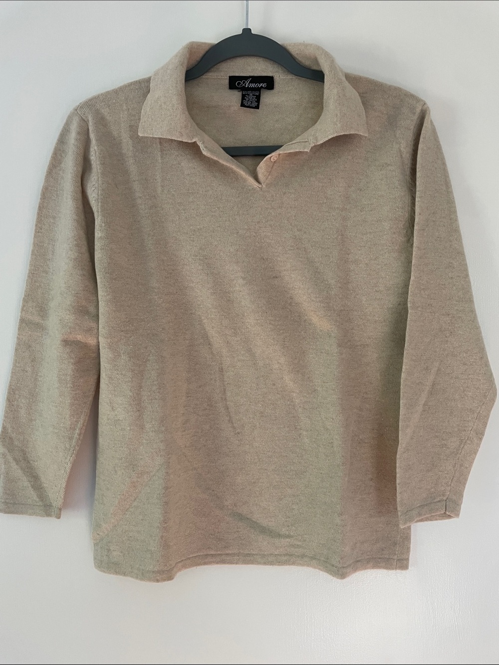 Merino Wool 3/4 Sleeve Polo Sweater in Soft Oatmeal, M